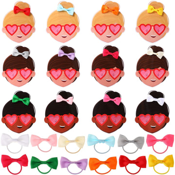 Canlierr 12 Pcs Valentines Day Gift, 12 Pcs Bows Hair Ties with 12 Pcs Valentines Gift Card for Exchange Gift Birthday Party F