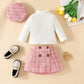 Visgogo Toddler Girl Skirts Outfit Ribbed Long Sleeve Tops Plaid Tweed Pattern Skirt Beret Fall 3Pcs Clothes (Pink, 12-18 Months