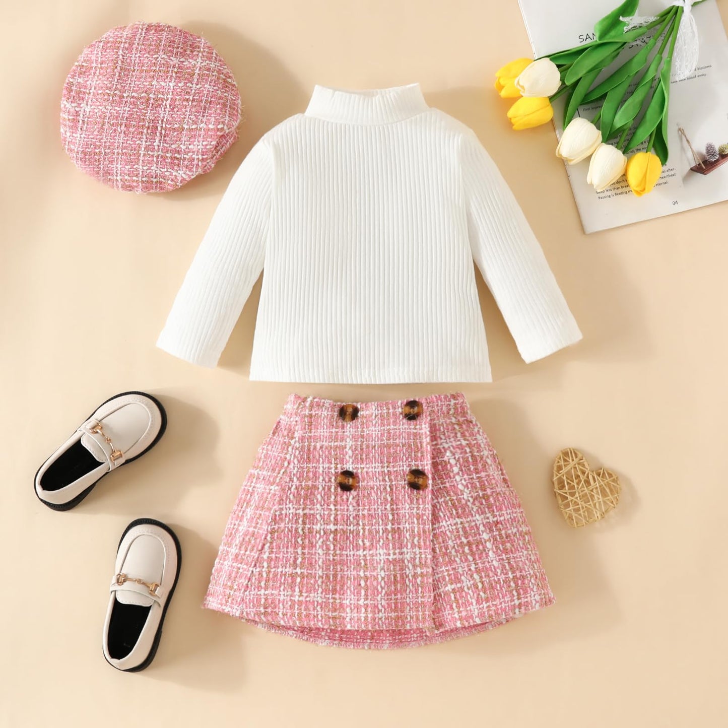 Visgogo Toddler Girl Skirts Outfit Ribbed Long Sleeve Tops Plaid Tweed Pattern Skirt Beret Fall 3Pcs Clothes (Pink, 12-18 Months