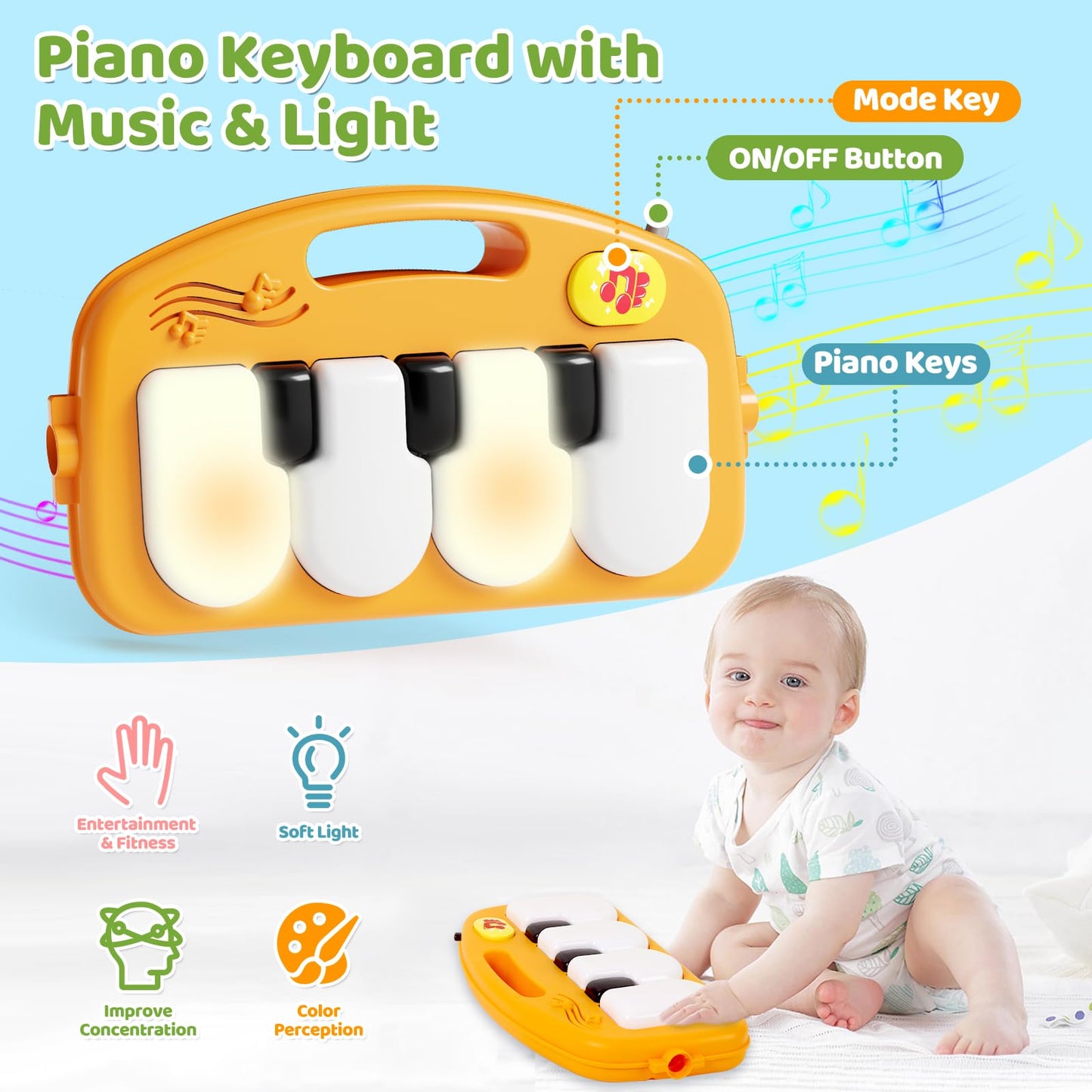 Baby Gym Play Mat With Walker, 2 In 1 Kick And Play Piano Activity Center With Light & Music, Tummy Time Mat & Baby Push Toys Fo