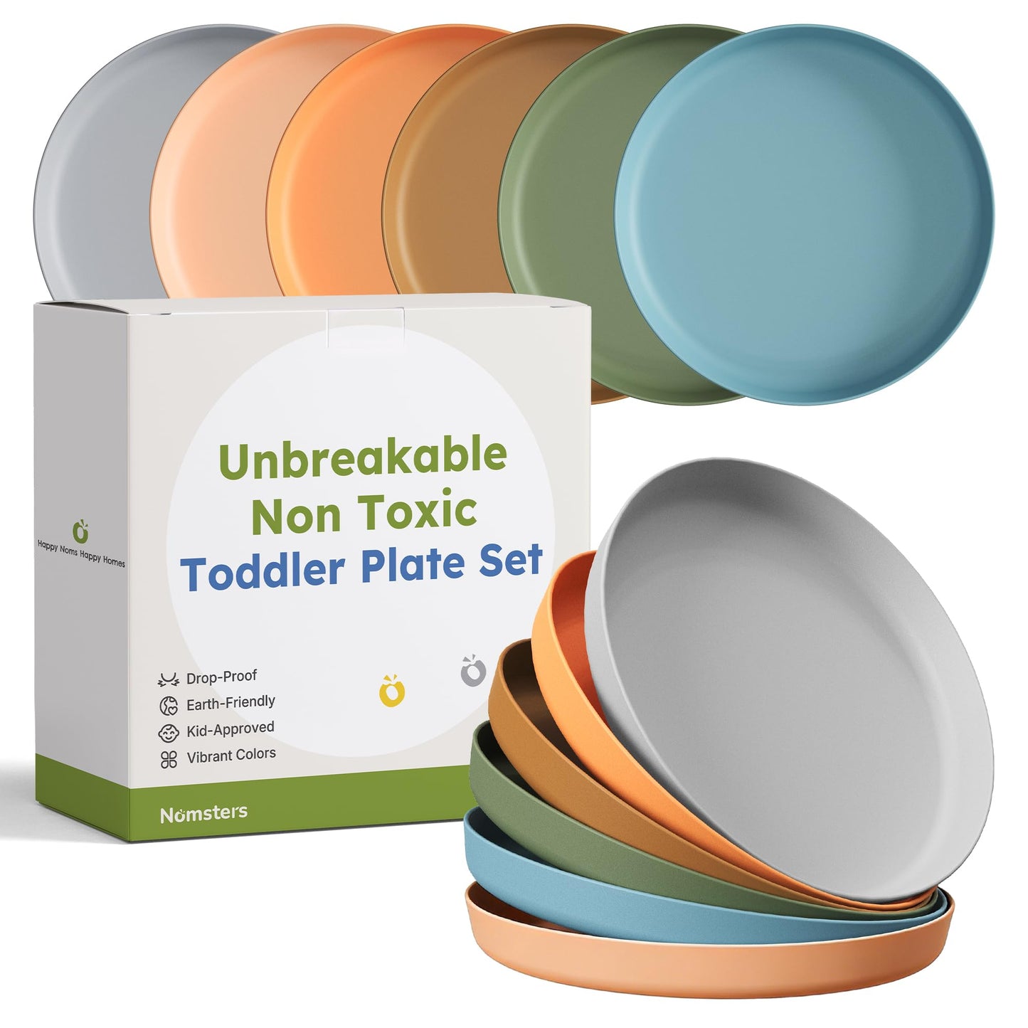 Nomsters Unbreakable Toddler Plates for Kids Baby Set of 6, 7.8 Ceramic-like Kids Dinnerware Set Baby Plates Dishwasher and Micr