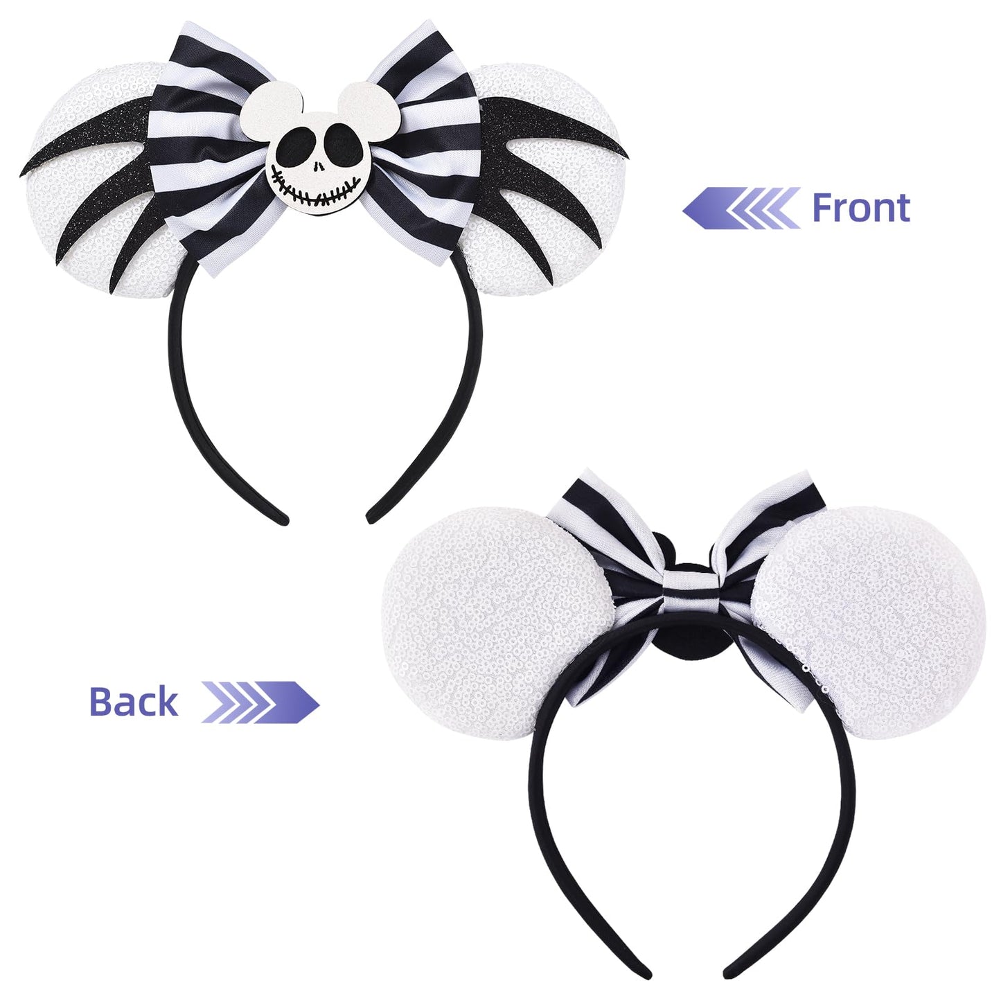 Seamoy Sequin Minnie Ears Headband,Nightmare Before Christmas Inspire Mouse Ears Headband, Ghost Evil Jack Mickey Ears, Sparkle