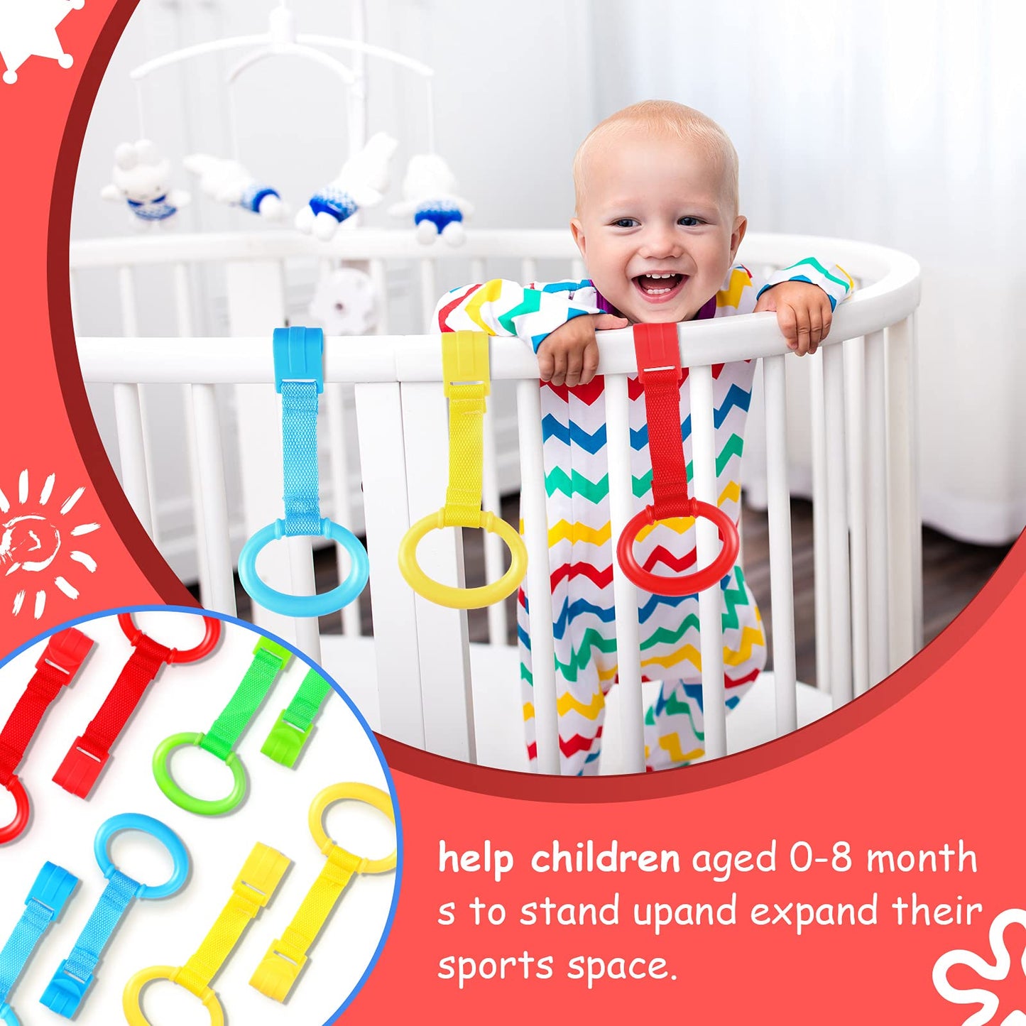 8 Pieces Baby Pull Up Rings For Playpen Baby Crib Pull Ring Baby Walking Exercises Assistant Rings Bed Bed Stand Up Ring Hanging