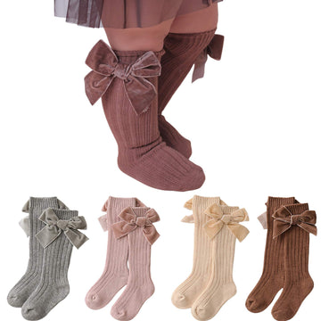 Merqwadd 4-Pack Baby Girls Knee High Socks Infants Toddlers Bow Knit Socks Cotton Tube Ruffled Stockings (Assorted 4Pk,0-12 Mont