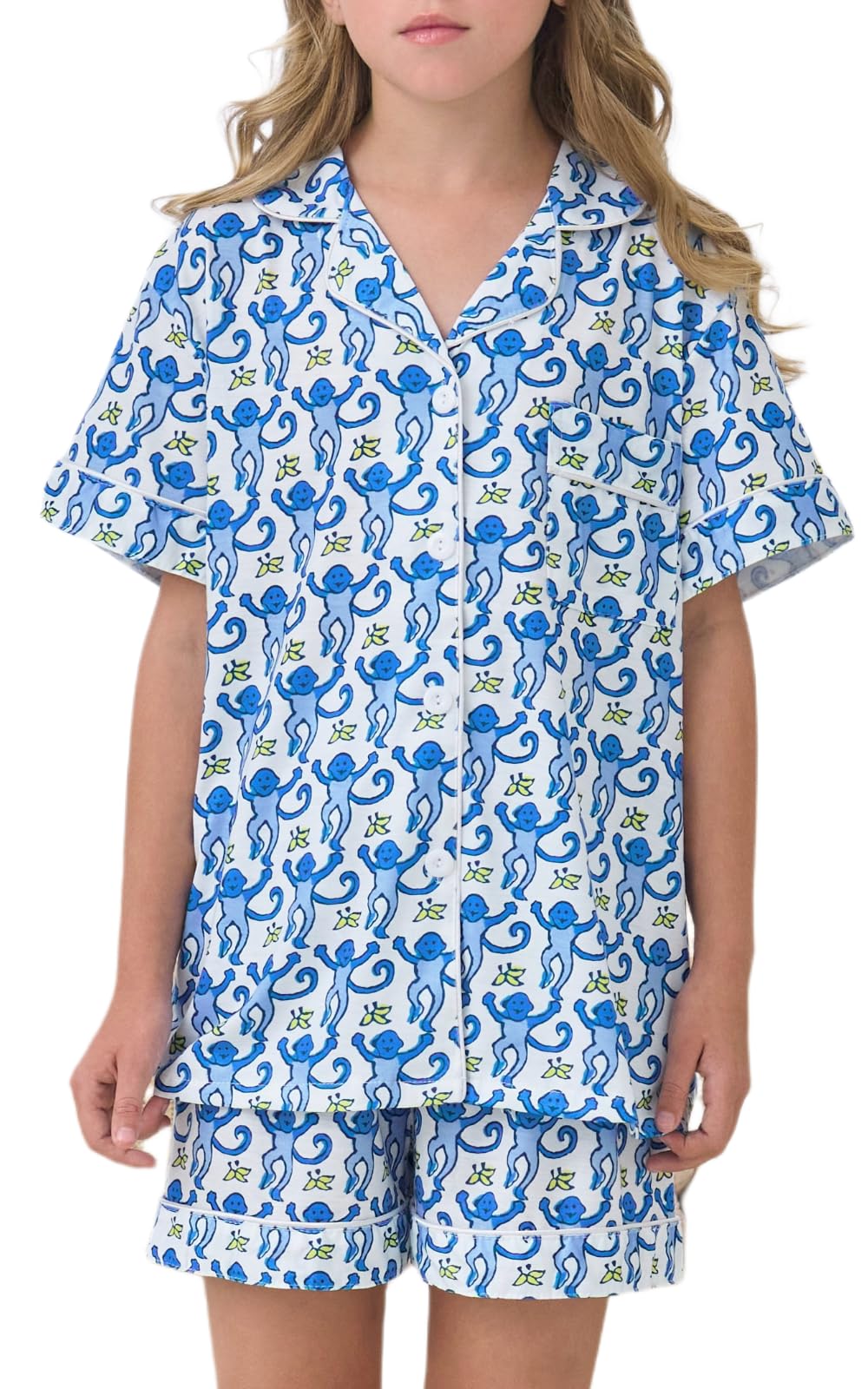 SLPTIMISO Girls Summer Outfit,Kids 2 Piece Button Down Monkey Loungewear Beach Shorts Set Preppy Animals Lounge Pjs, Blue, 89 Y