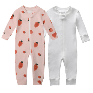 Owlivia Organic Cotton Baby Boy Girl 2-Pack Zip Up Sleep N Play, Footless, Long Sleeve(12-18 Months, Pink Strawberry&White)