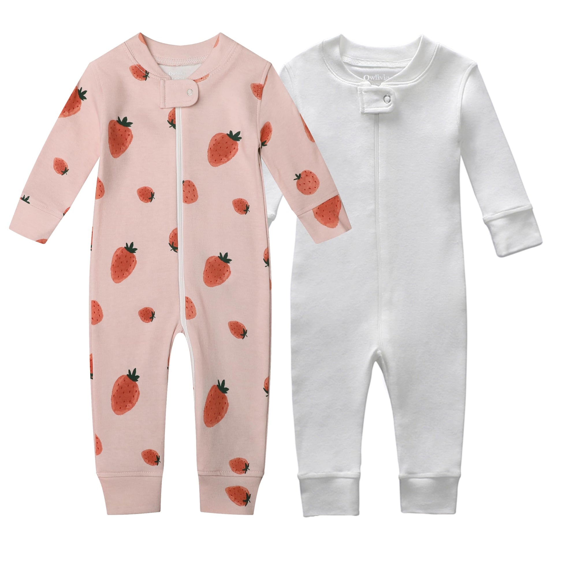 Owlivia Organic Cotton Baby Boy Girl 2-Pack Zip Up Sleep N Play, Footless, Long Sleeve(6-12 Months, Pink Strawberry&White)