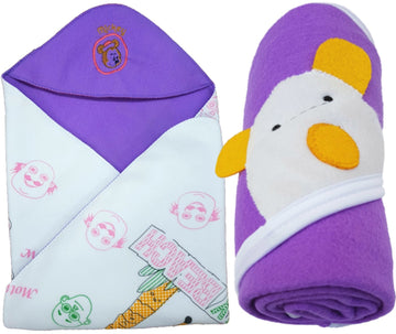 BRANDONN Newborn Combo of Double PLY Reversible Hooded and Fleece Hooded Baby Blankets(Pack of 2, Purple)