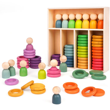 Montessori Toys Wooden Color Sorting Stacking Rings Toy Rainbow Wooden Peg Dolls Counting Toys Circular Building Blocks Stacking