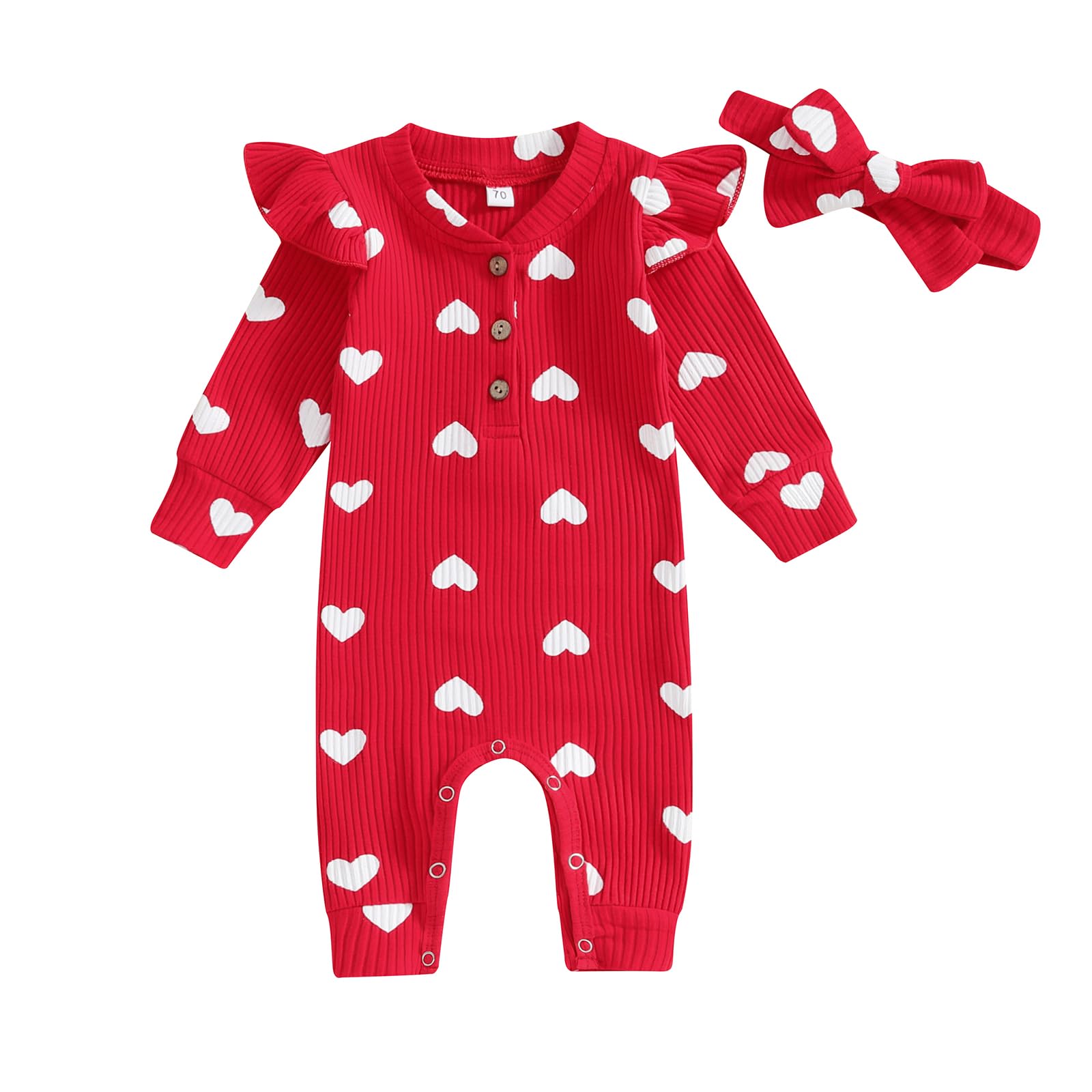 KOSUSANILL Valentines Day Baby Girl Outfit Ruffle Long Sleeve Romper Waffle Love Heart Jumpsuit Headband Cute Fall Clothes (Red,