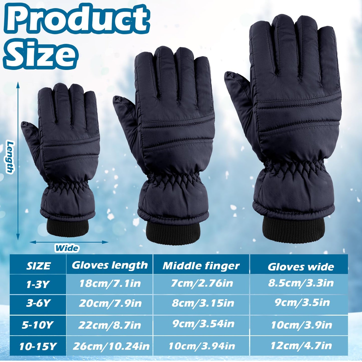 2 Pairs Kids Winter Ski Gloves Waterproof Warm Snow Mittens Full Finger Gloves For Toddlers Infants (Black, Navy Blue, 3-6 Years