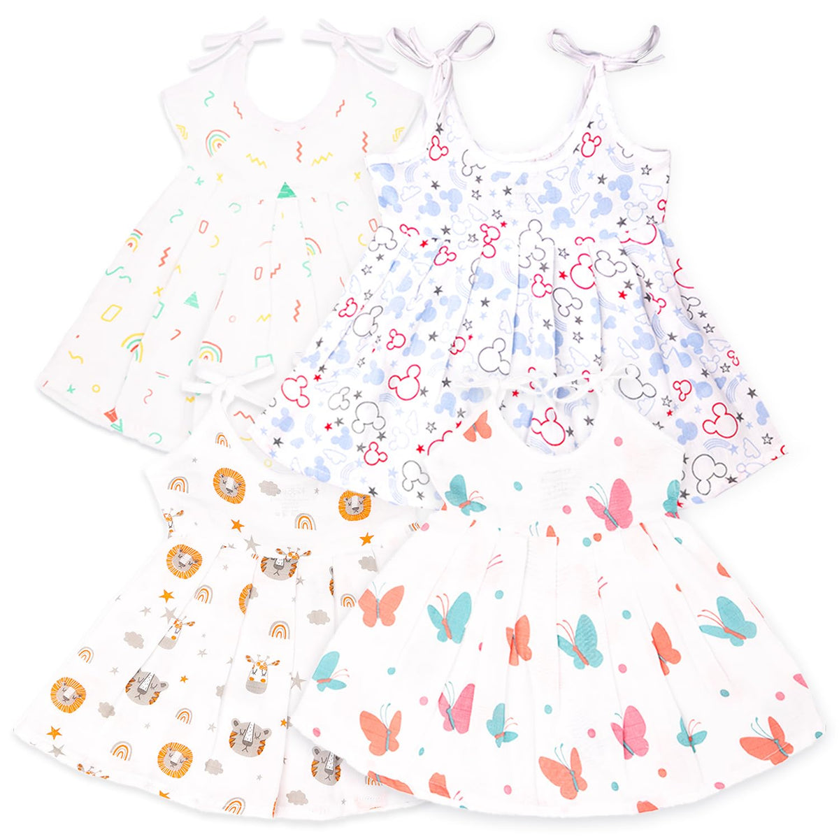 Kidbea Extra Soft Muslin Fabric Baby Girls Frock | Rainnbow, Space, Mickey And Butterfly Print With Size 69 Months | Pack Of 4