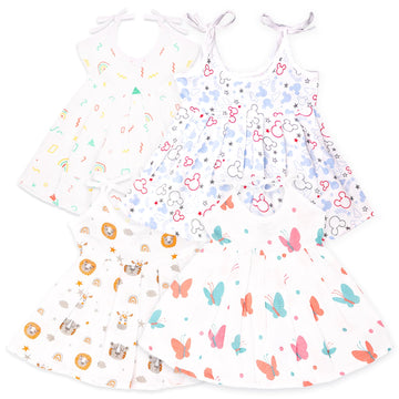 Kidbea Extra Soft Muslin Fabric Baby Girls Frock | Rainnbow, Space, Mickey And Butterfly Print With Size 69 Months | Pack Of 4
