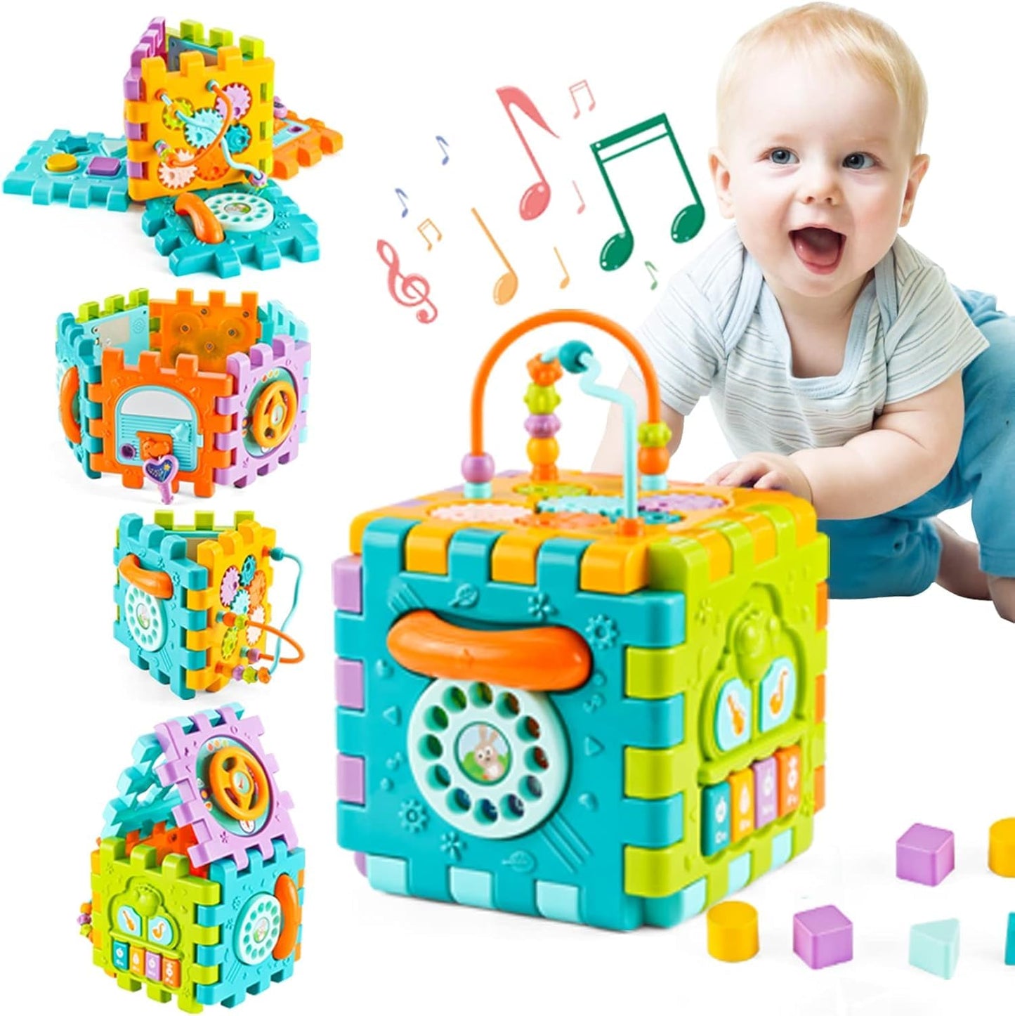 Storio 6 In 1 Learning Activity Cube Educational & Learning Activity Toy Including Blocks, Clock, Alphabets-Tree,Transportation 