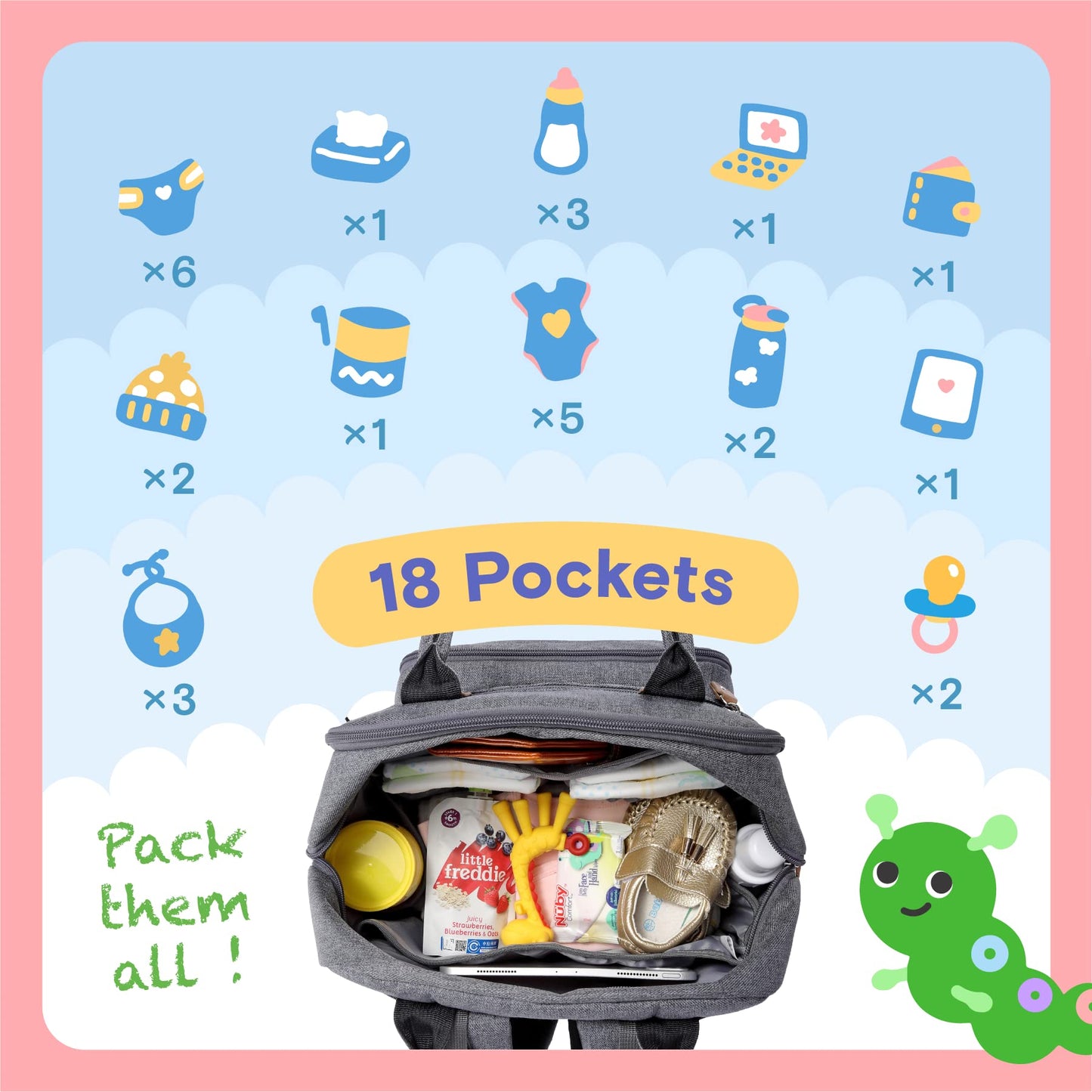 Iniuniu Diaper Bag Backpack, 4 In 1 Kit Large Unisex Baby Bags For Boys Girls, Waterproof Travel Back Pack With Diaper Pouch, Wa