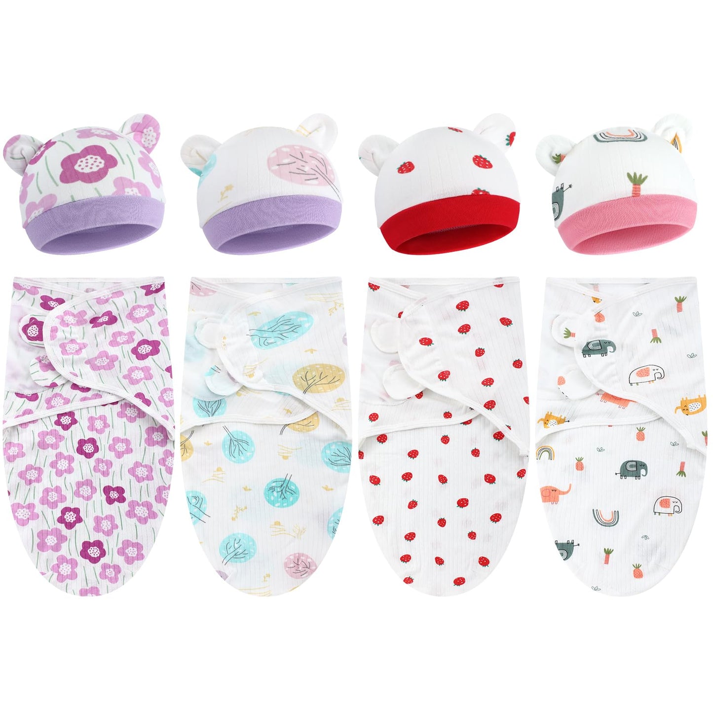 Buryeah 4 Pack Preemie Swaddle Blanket Wrap Set with Hat for Baby Boys Girls 3-7 Lbs Preemie Newborn Clothes Sleepers Cap(Purple
