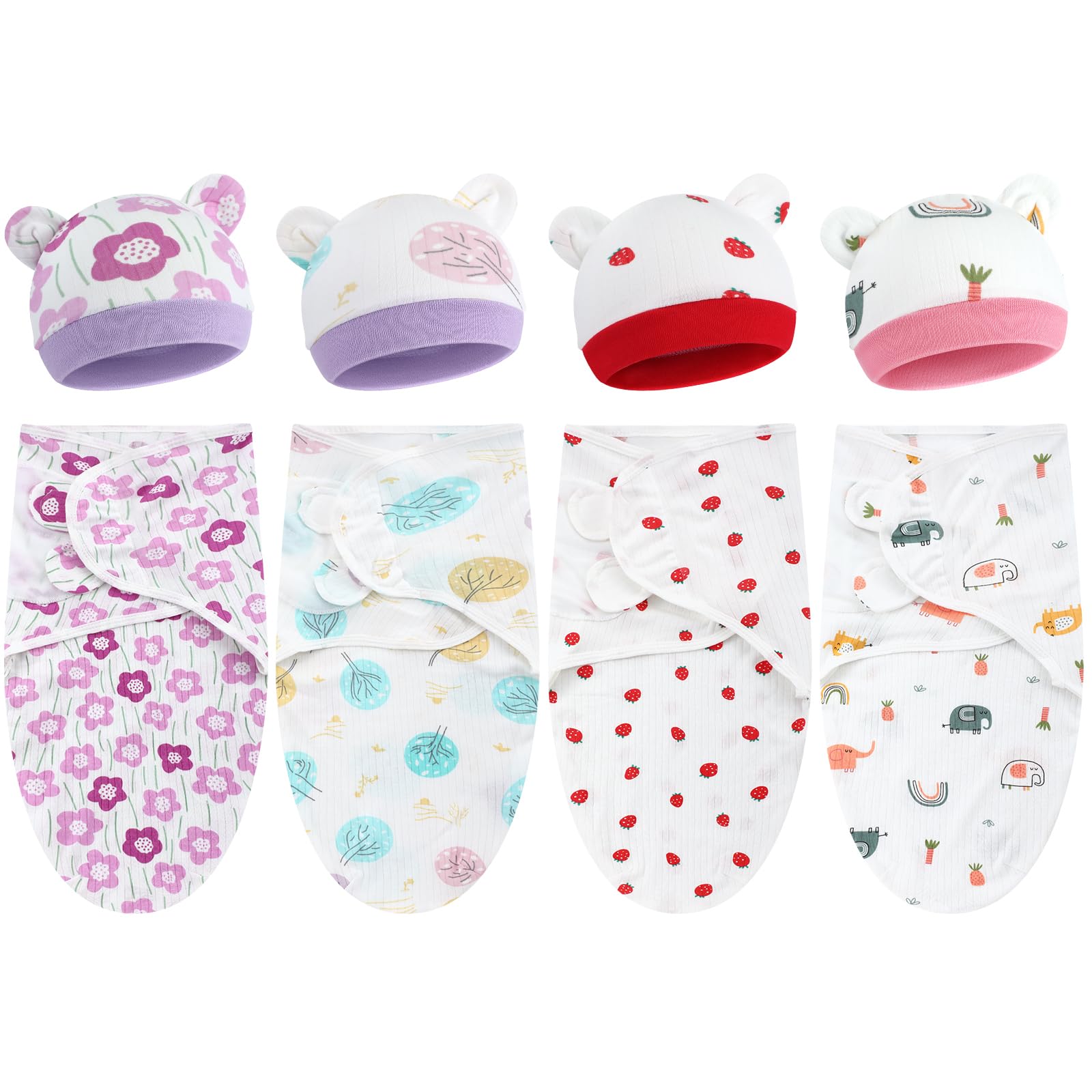 Buryeah 4 Pack Preemie Swaddle Blanket Wrap Set with Hat for Baby Boys Girls 3-7 Lbs Preemie Newborn Clothes Sleepers Cap(Purple