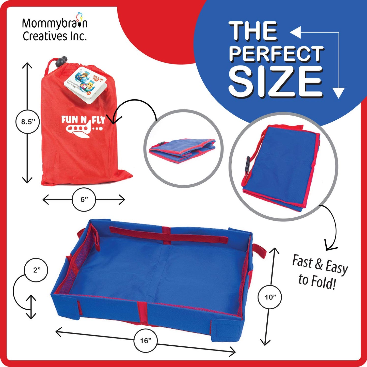 Fun N Fly Foldable Travel Tray - Blue Red Portable Durable Kids, Toddler, Baby Play Space And Snack Desk For Airplane Travel By