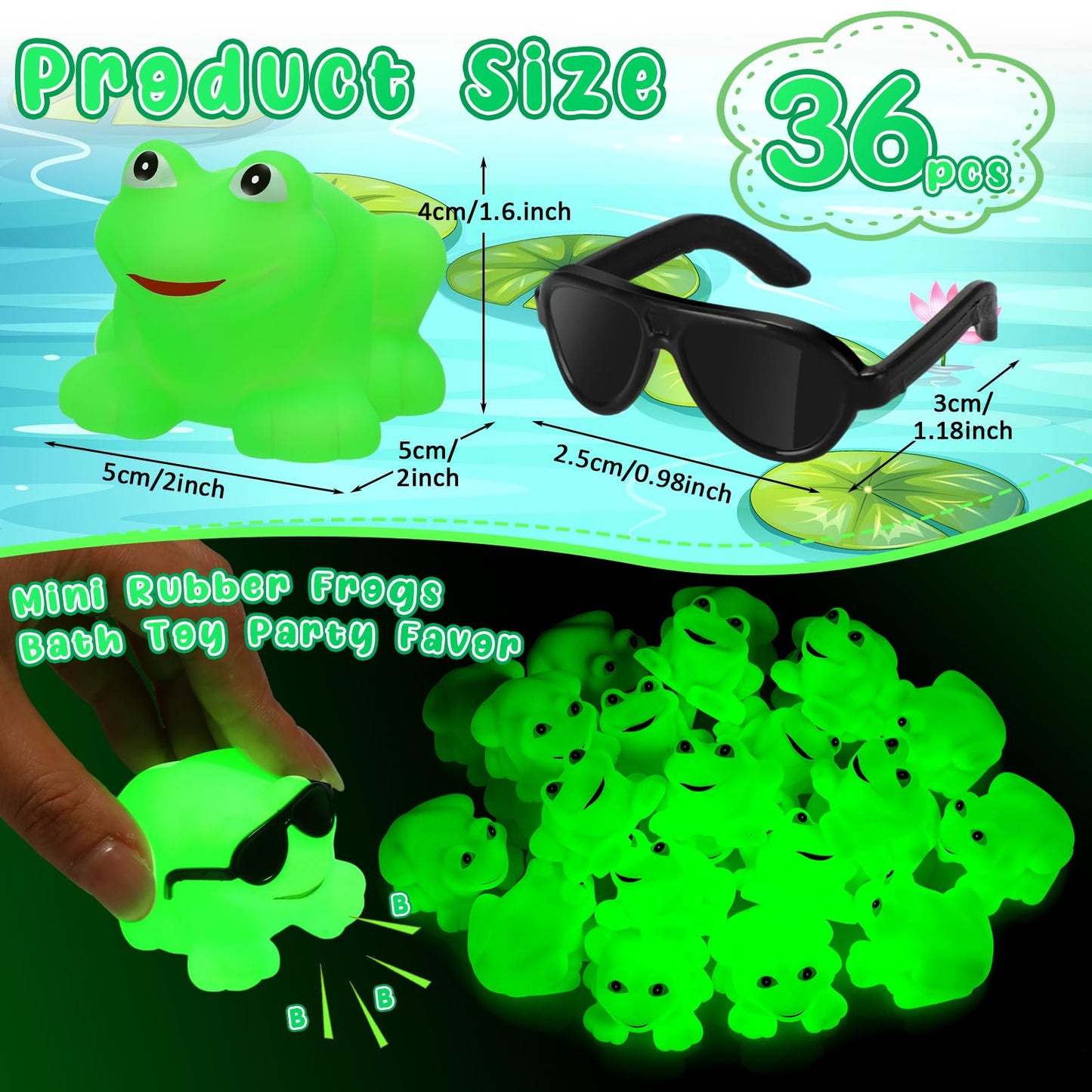 Halloscume 36 Pack Rubber Frogs Squeak and Floating Mini Glow in The Dark Frogs with Glasses Cute Bathtub Toys Swimming Bath Toy