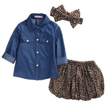 3Pc Cute Baby Girl Blue Jean Shirt +Princess Tulle Overlay Lace Dress+Headband (100(2-3Y), Blue+Leopard)