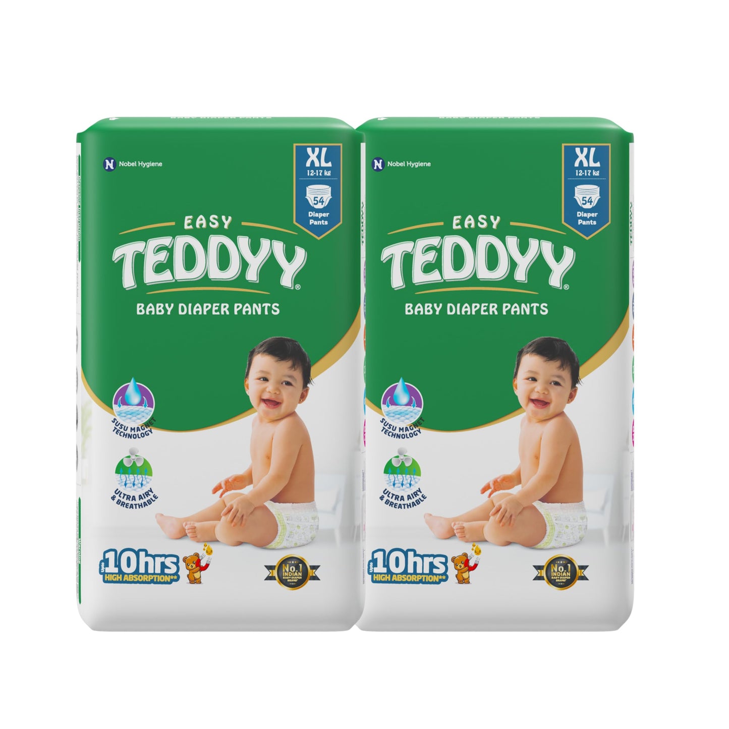 Teddyy Easy Baby Xl Size Diaper Pant Style |108 Count (Extra Large) |1217 Kgs (Pack Of 2) | Long Protection Hours | AntiBacter