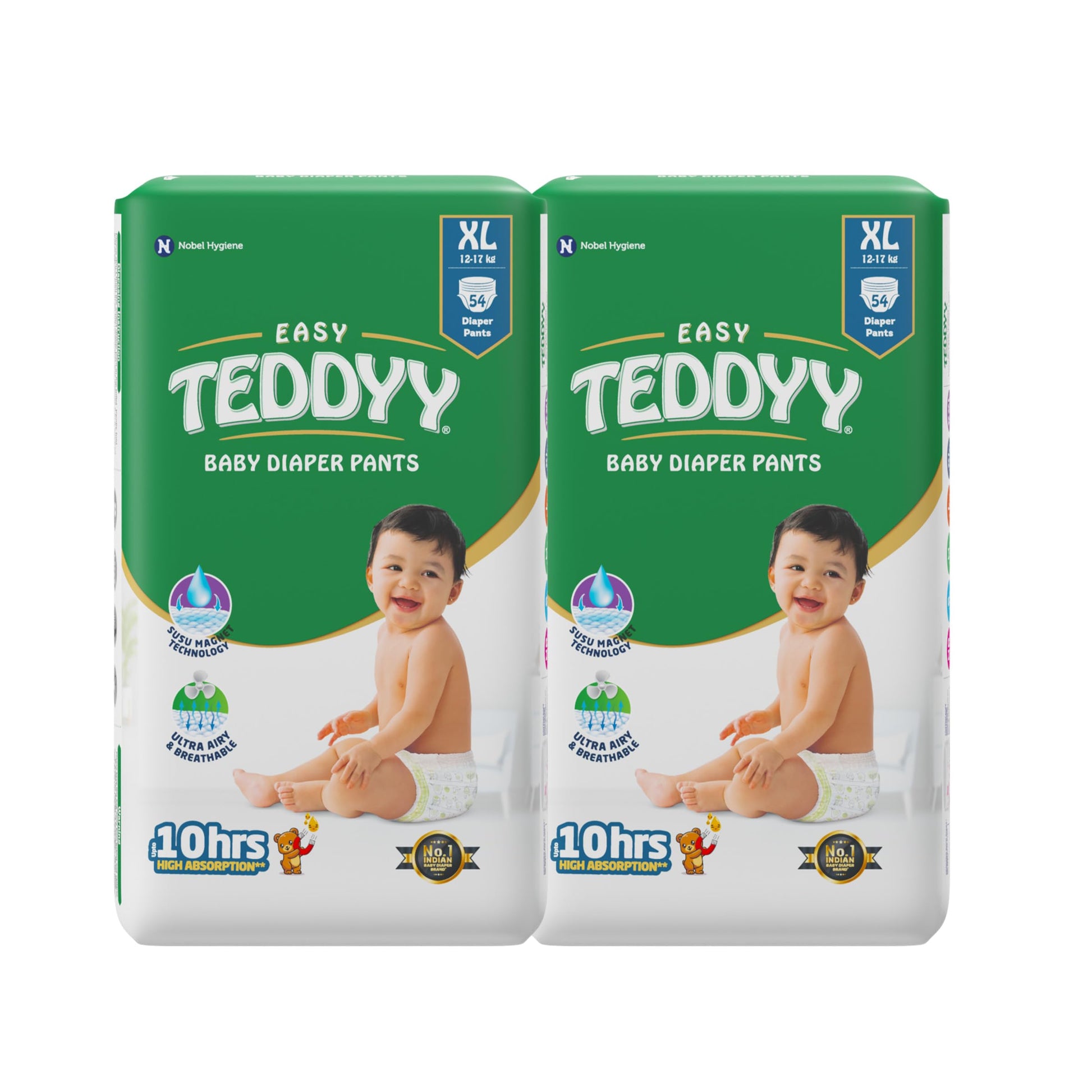 Teddyy Easy Baby Xl Size Diaper Pant Style |108 Count (Extra Large) |1217 Kgs (Pack Of 2) | Long Protection Hours | AntiBacter