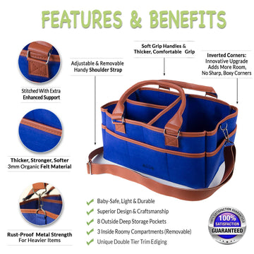 Baby Diaper Caddy Organizer Large With Shoulder Strap | Trendy Navy Blue Portable Nursery Storage Bin - Premium Quality Tote Bag