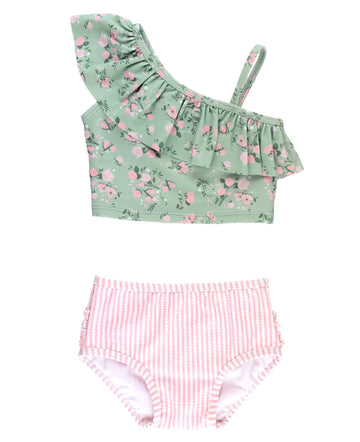Rufflebutts One Shoulder Ruffle Tankini - Tea Roses - 3T