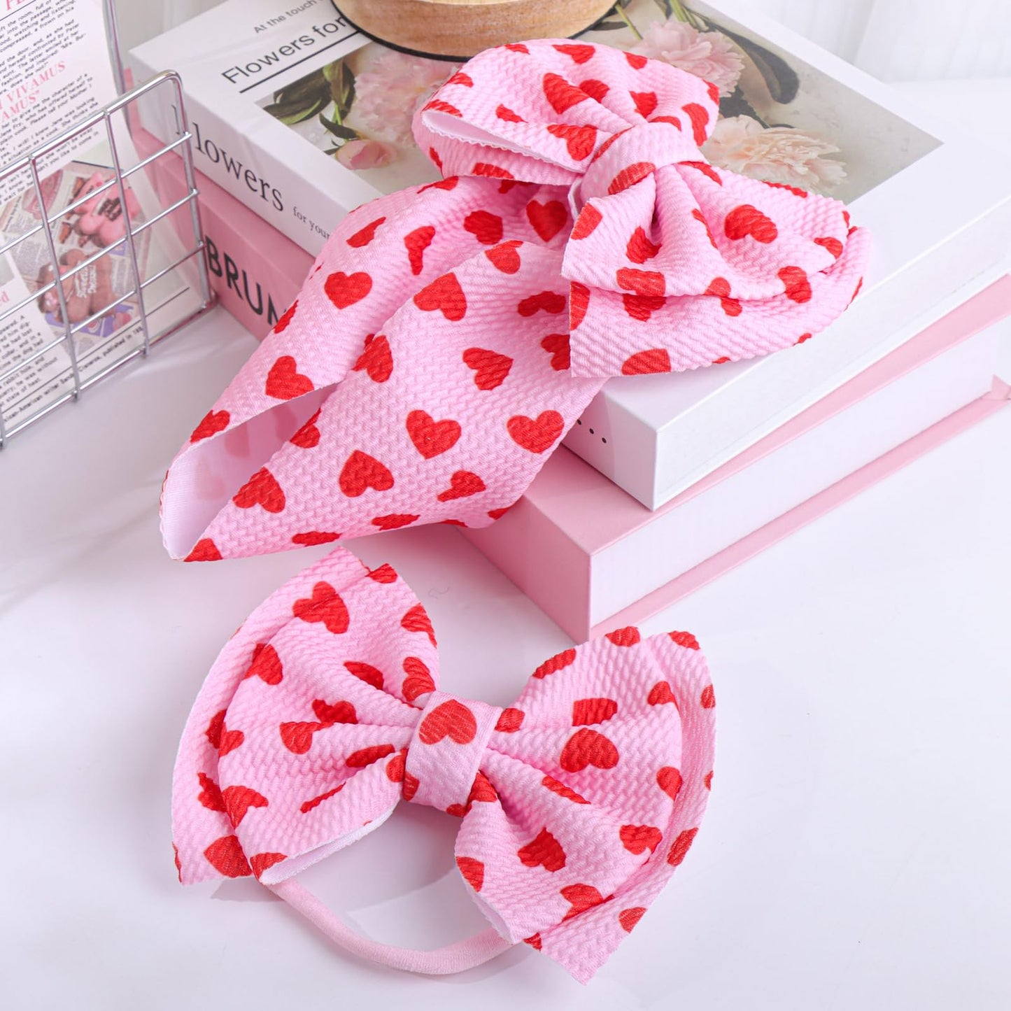 Yanjie Hairband 2 Pack - Valentines Design, Red Heart Handmade Headbands For Girls Infants Toddlers, Soft Comfortable Nylon Hair