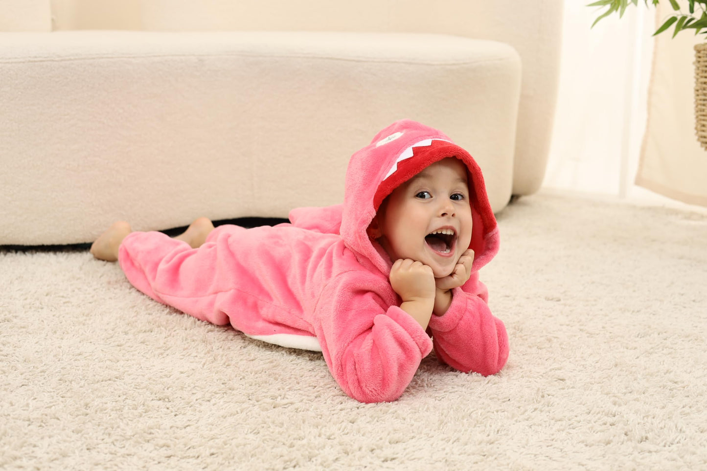 Lolanta Shark Costume Kids Shark Outfit One Piece Animal Bodysuit For Kids Halloween Fancy Dress (Rose Red, 6-7 Years)