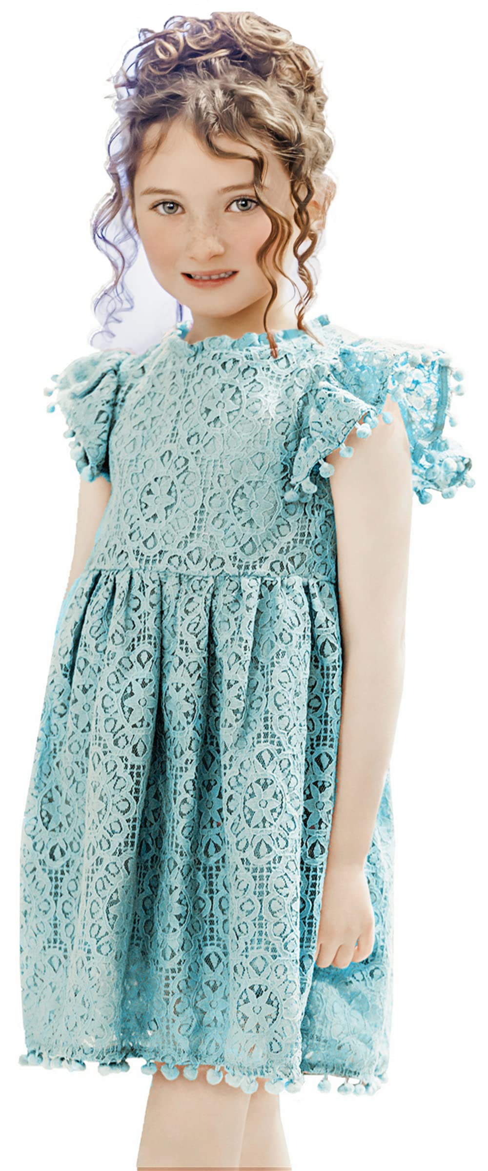 2Bunnies Girl Vintage Lace Pom Pom Trim Birthday Party Dress (Mint, 3T)