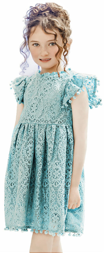 2Bunnies Girl Vintage Lace Pom Pom Trim Birthday Party Dress (Mint, 3T)
