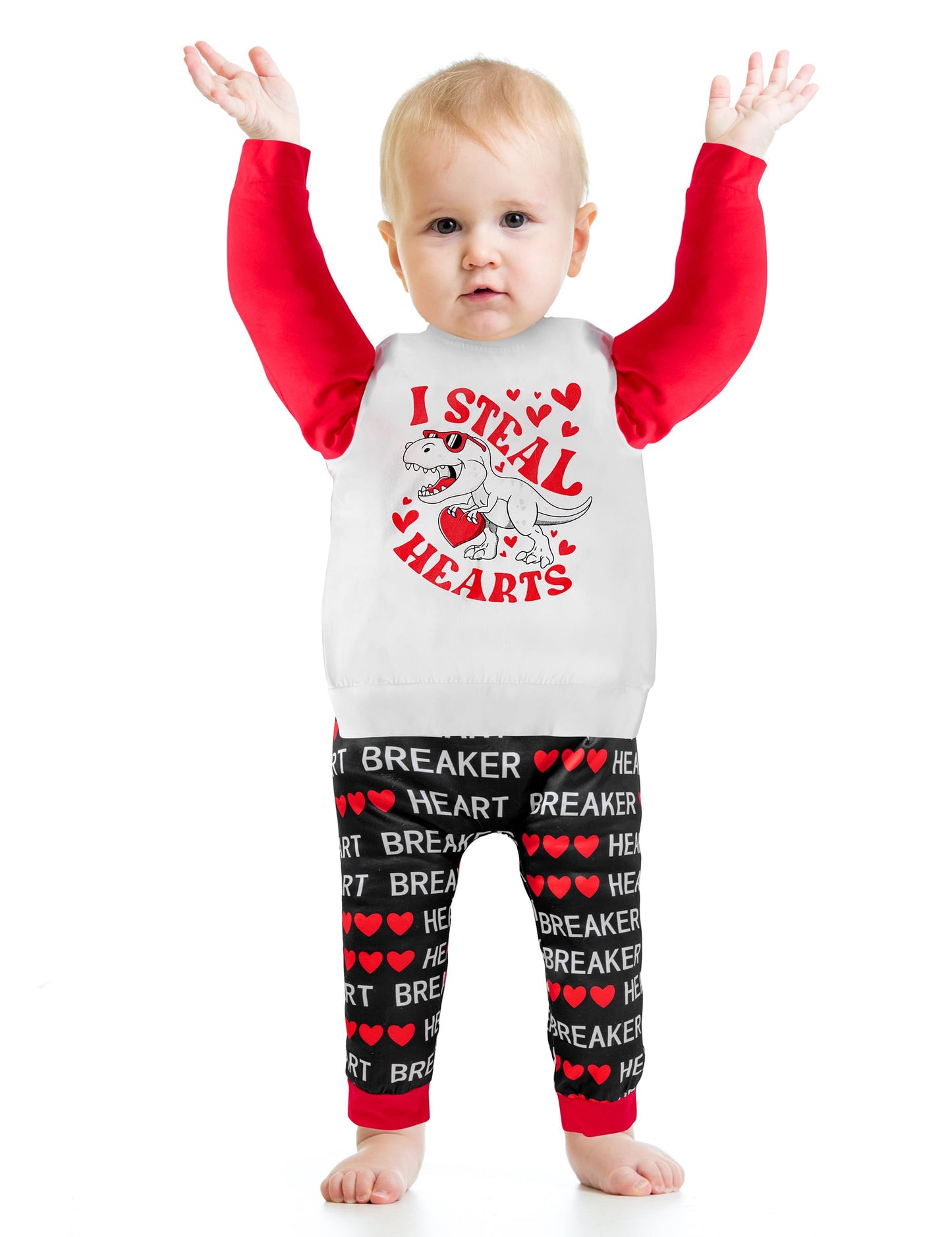 Dakeik Toddler Boy Valentines Day Outfit 2T-3T Boy Valentines Day Outfit Dinosaur Pattern I Steal Hearts Long Sleeve Cute Letter