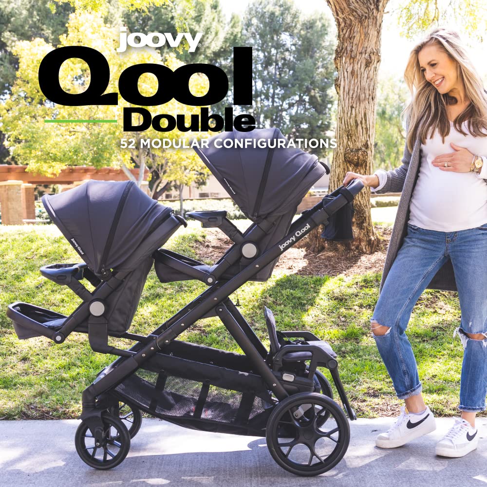 Joovy Qool Double Bundle Double Stroller With Reconfigurable Seats, Magnetic Safety Harness With Padding, Upf 50 Sun Canopy, And