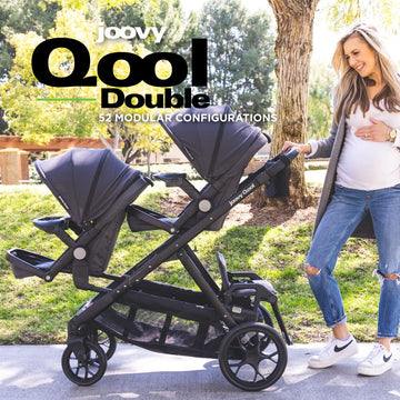 Joovy Qool Double Bundle Double Stroller With Reconfigurable Seats, Magnetic Safety Harness With Padding, Upf 50 Sun Canopy, And