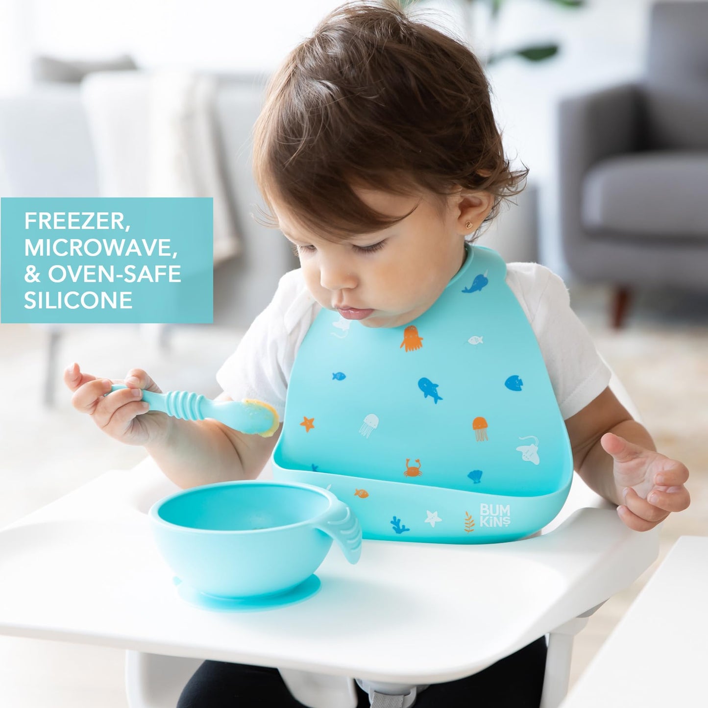 Bumkins Baby Bowl, Silicone Baby Feeding Set With Suction For Baby And Toddler, Includes Spoon And Lid, First Feeding Set, Essen