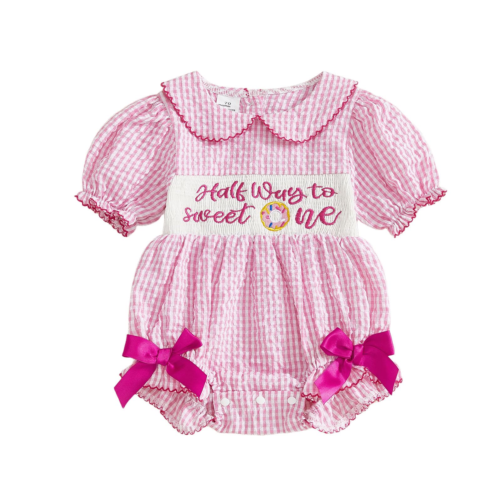 Bagilaanoe Half Birthday Outfit Baby Girl Half Way to Sweet ONE Donuts Short/Long Sleeve Romper Smocked Bubble Clothes (Short Sl