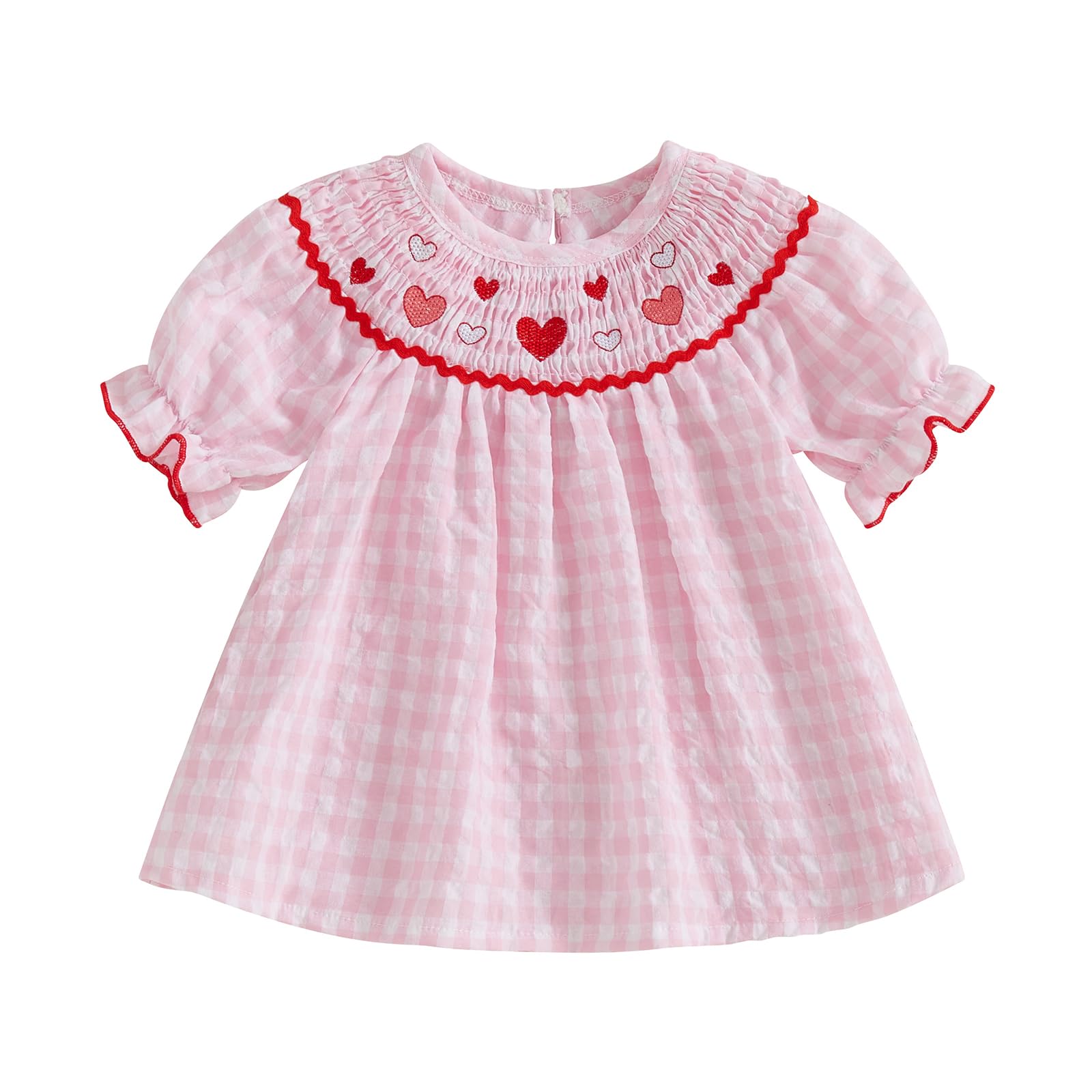 Toddler Baby Girl Valentines Day Outfit Ruffle Smocked Heart Embroidery Dress Plaid Playwear Summer Outfit 6M-4T (Pink, 18-24 Mo