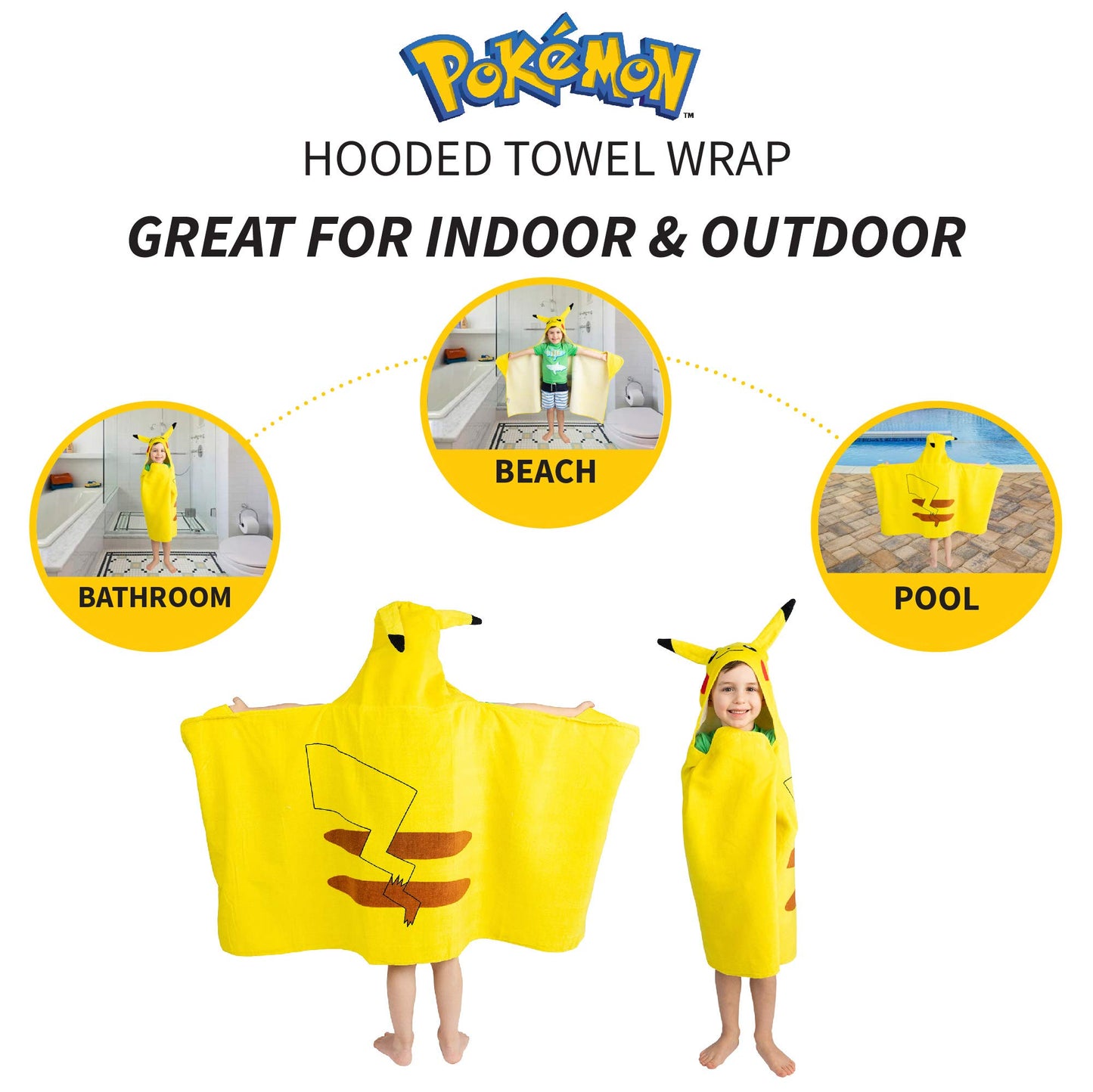 Pokemon Pikachu Bath/Pool/Beach Soft Cotton Terry Hooded Towel Wrap, 24' X 50', By Franco Kids