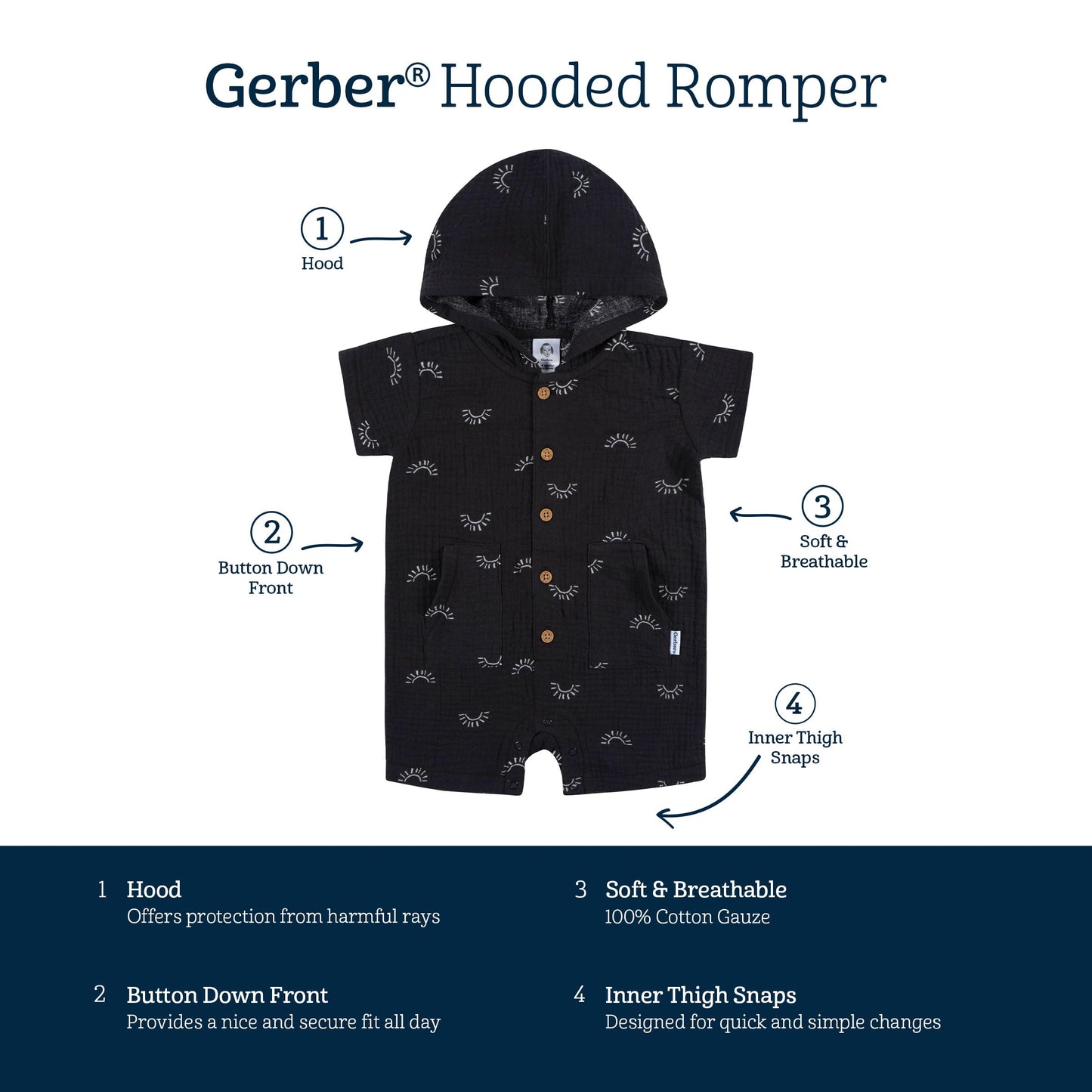 Gerber Baby Boys Hooded Cotton Romper, Sunrise, 12 Months
