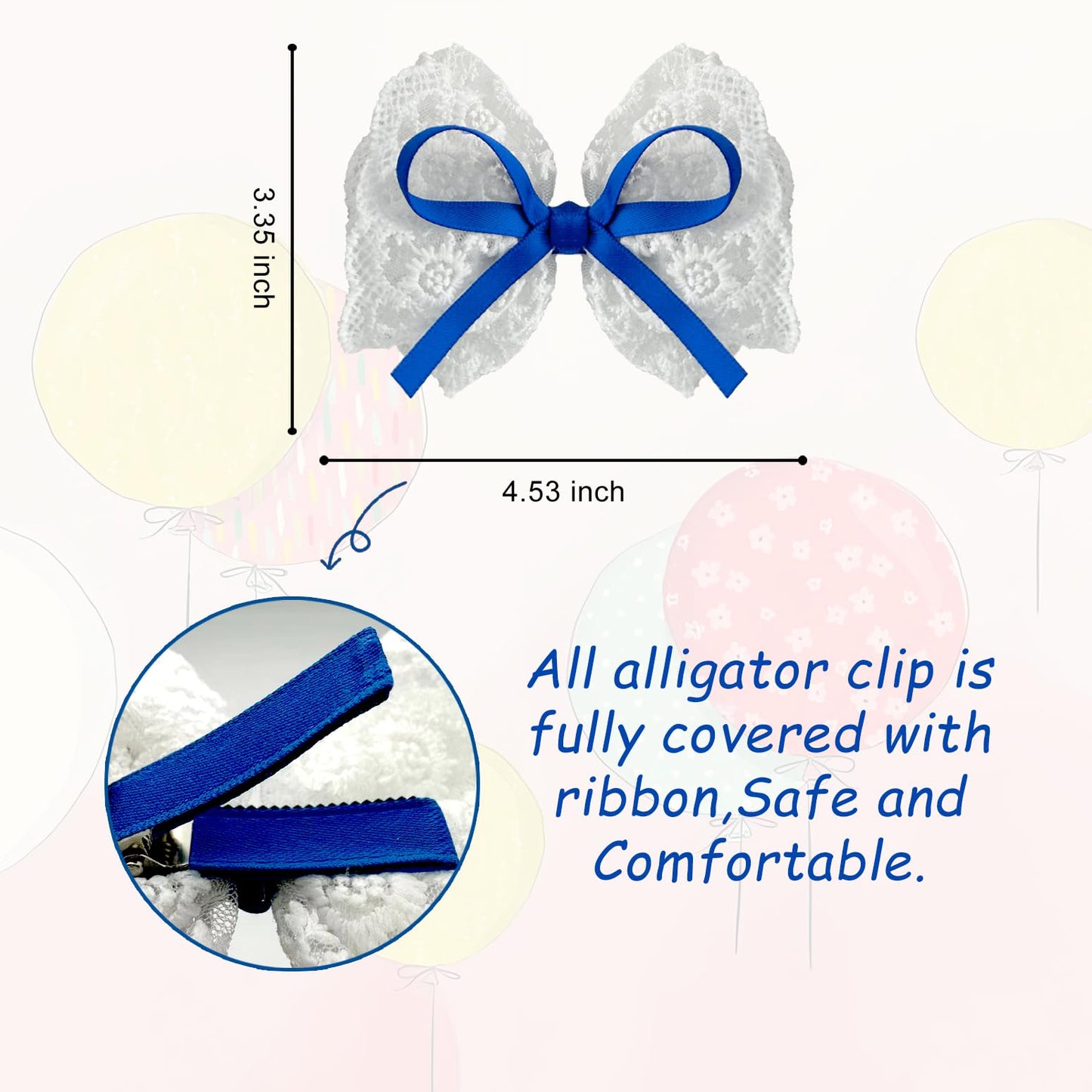 Lmymhmlm 2Pcs Blue Hair Bows For Girls, White Lace Bow With Blue Ribbon, Alligator Bow Hair Clips, Handmade Hair Accessories For