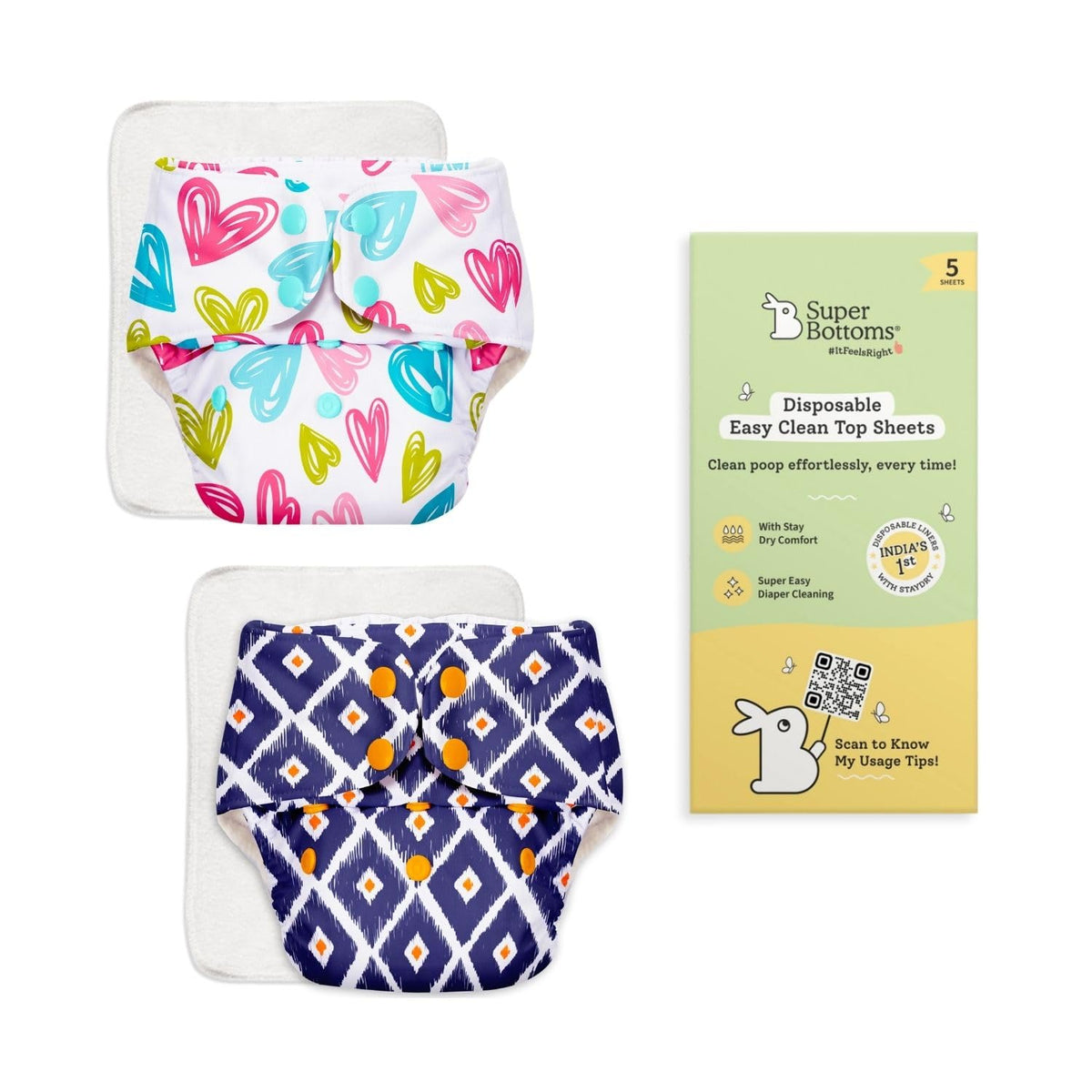Superbottoms Basic Cloth Diaper Pack Of 2 With Ultrathin Dry Pad & 5 Disposable Easy Clean Top Sheets | Reusable & Washable | Ad