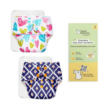 Superbottoms Basic Cloth Diaper Pack Of 2 With Ultrathin Dry Pad & 5 Disposable Easy Clean Top Sheets | Reusable & Washable | Ad