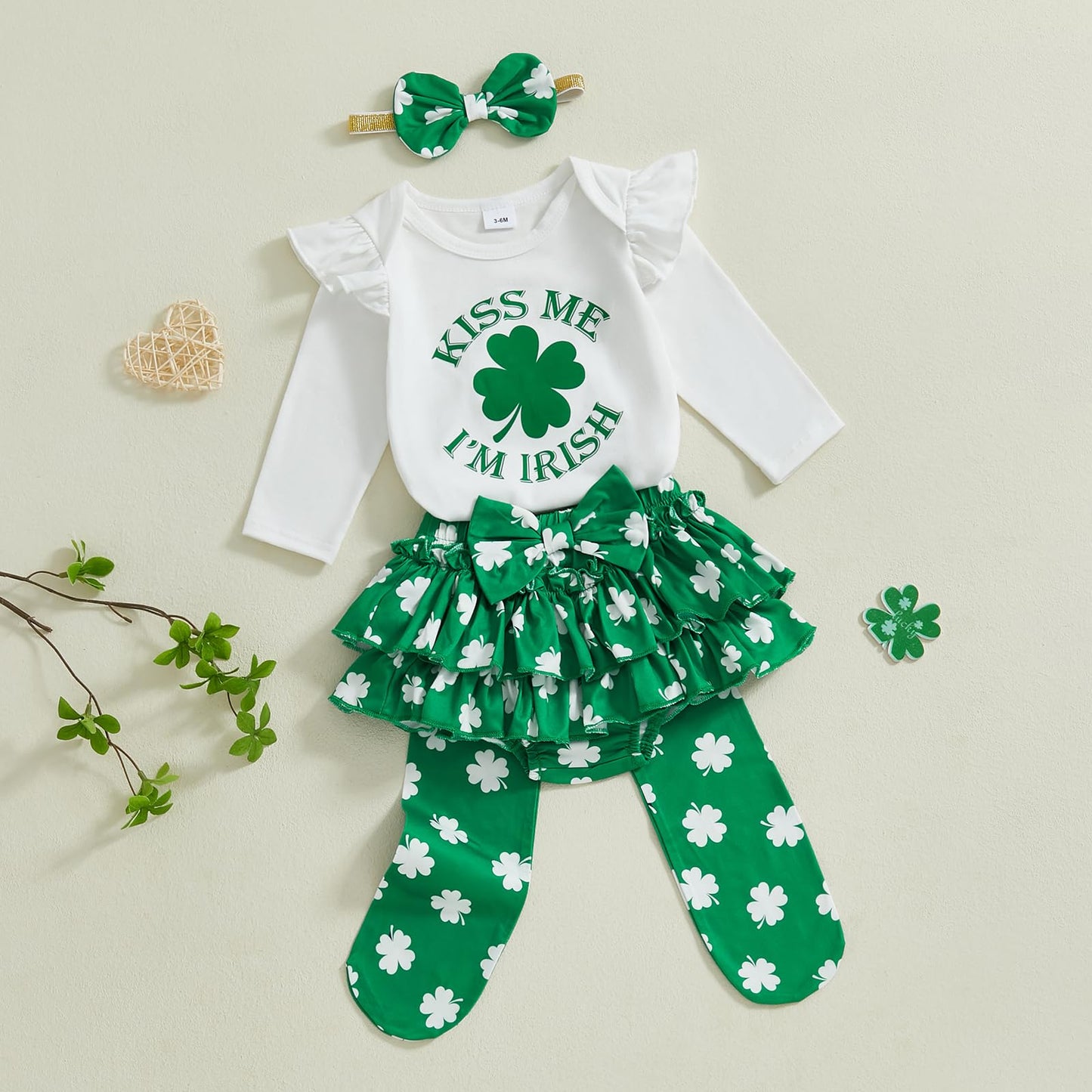 Beqeuewll Baby Girl St Patricks Outfit Letter Print Long Sleeve Romper Tutu Skirt Headband Set Newborn Baby Girls Clothe (Irish