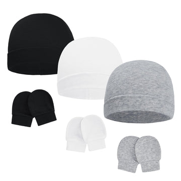 American Trends Baby Beanies For Boys Girls Newborn Infant Hat With Mittens Cute Cotton Hospital Hats For 0-6 Months 3 Pack Blac