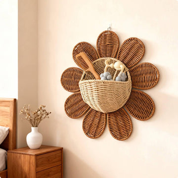 ZELPHORA Woven Rattan Storage Basket MultiFunctional Boho Nursery Wall Decor Easy to Clean Flower Shaped Wall Basket for Kids, 