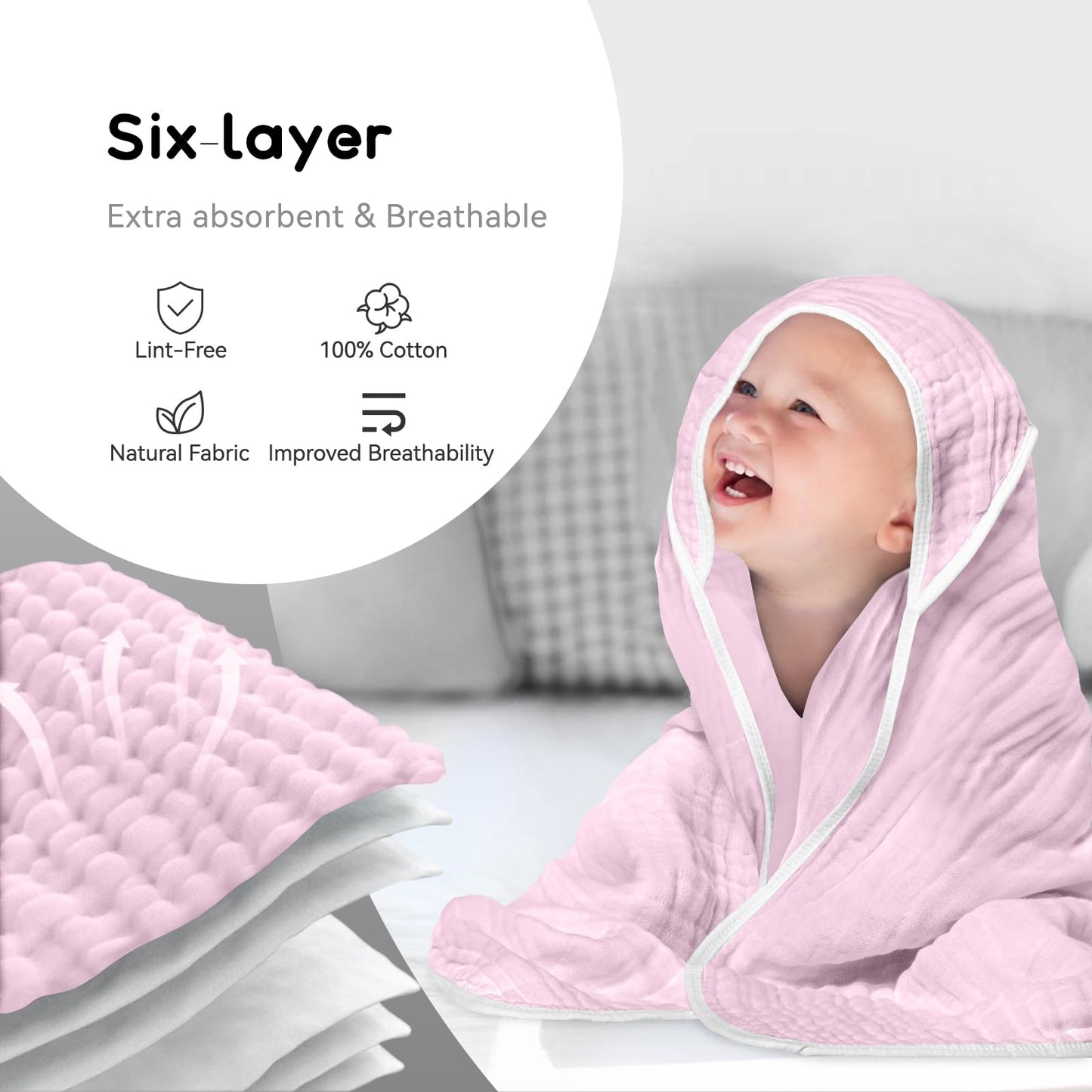 Arnzion Baby Hooded Towels For Babies And Toddlers, Muslin Baby Bath Towel Soft And Absorbency For Baby Girls (Pink 1 Pack)