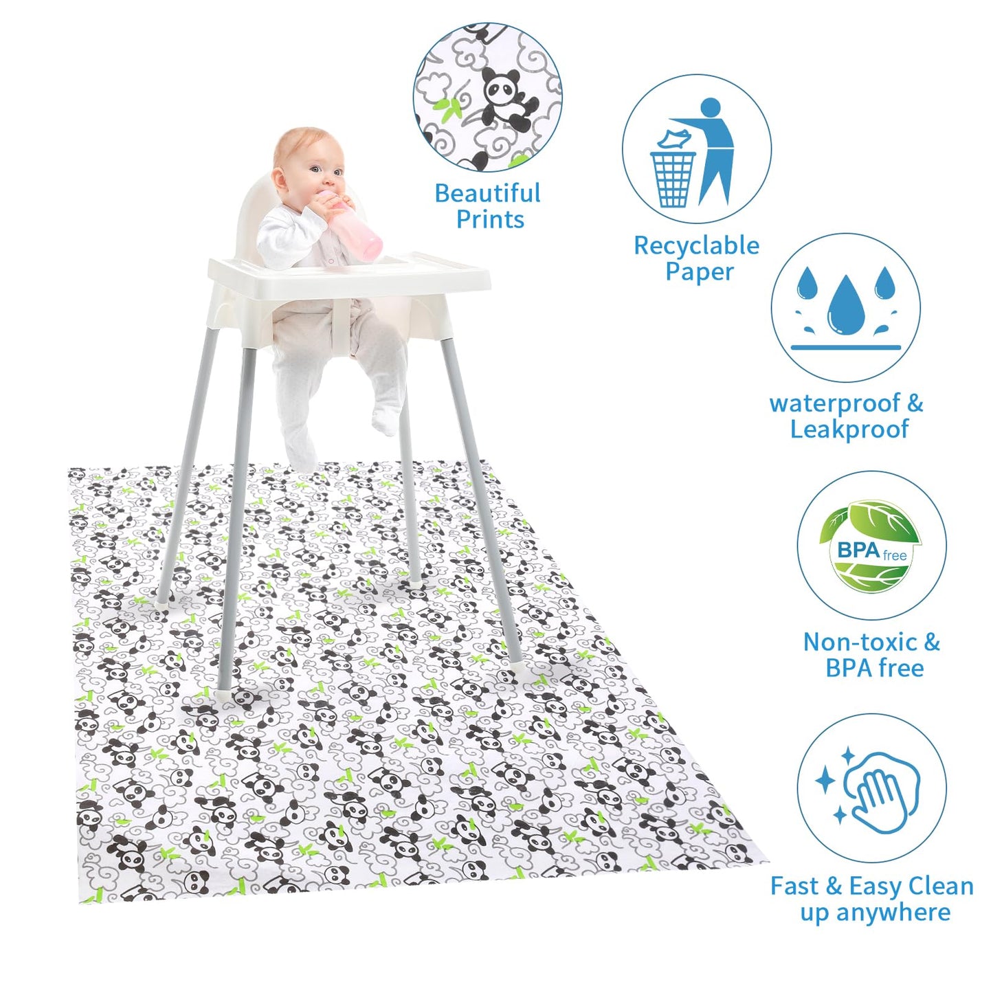 Chicmoments Toddlers 40 * 47 Inch Disposable Splat Mats, Panda Print Splash Mats For Under Highchair, 20 Sheets Waterproof & Lea