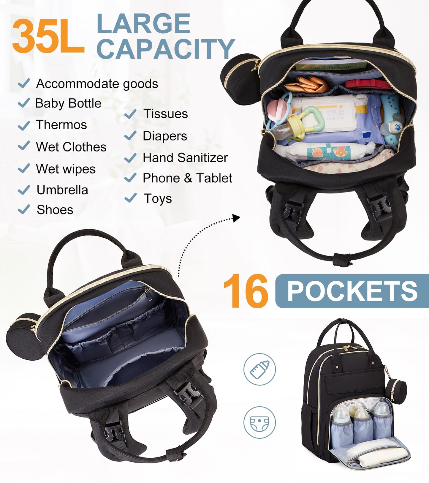 Moonbaby Diaper Bag Backpack, Baby Diaper Bags With Portable Changing Pad And Pacifier Case, Multifunctional Travel Diaper Backp