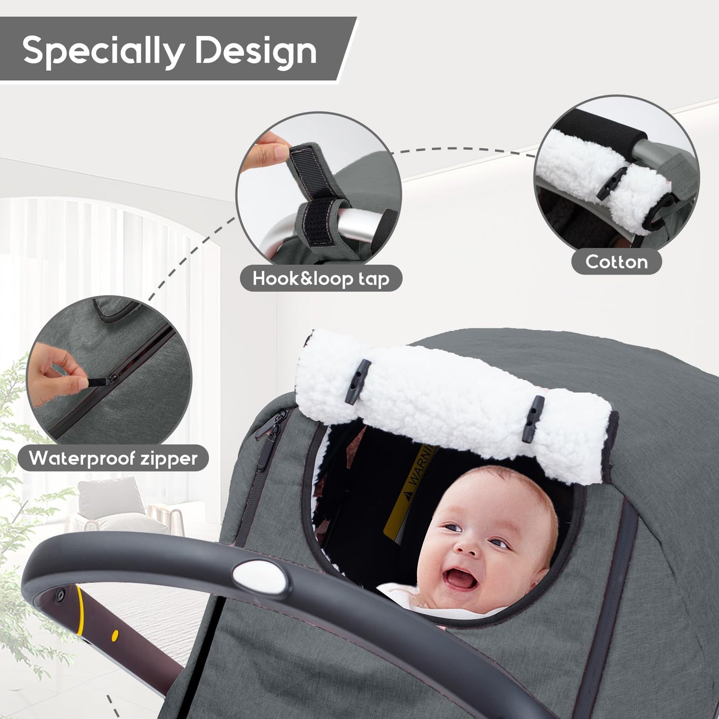 Winter Baby Car Seat Cover, Waterproof Carseat Cover With Zipper Peep Window, Warm Sherpa Fleece Lining, Universal Infant Car Se